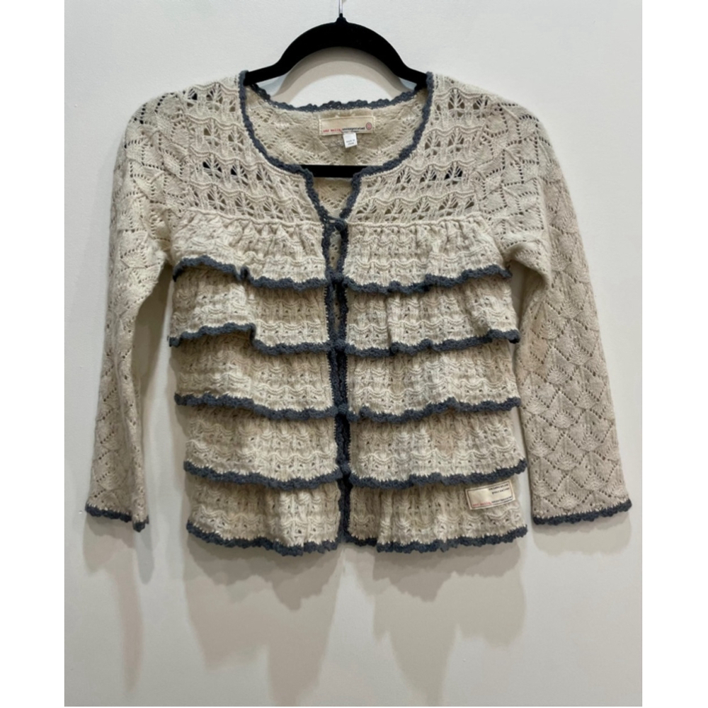 Odd Molly Y2K Wool Open Knit Crochet Cardigan Womens XS Coquette Fairy Ruffle